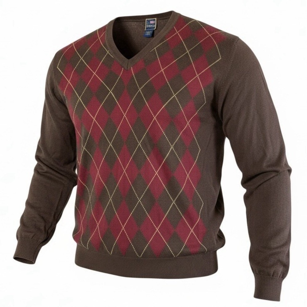 T. Harris London Men's V-neck Argyle Sweater Red &‎ Brown Size L Made In Italy